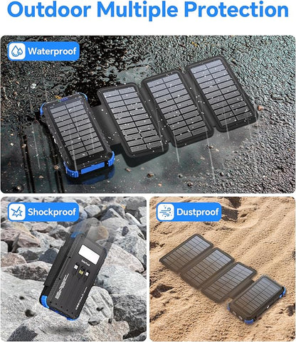 Solar Power Bank 45800mAh with 4 Panels, Portable Solar Charger with Build-in 3 Cables for iPhone, USB C in/Output 15W Fast Charging External Battery Pack with Flashlight & Camping Light