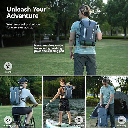 MARCHWAY Roll Top Waterproof Backpack, Floating Dry Bag 20L/30L/45L with Ergonomic Rectangular Base, Cushioned Back, Hip Strap for Hiking Camping Kayaking Travel (Grey, 20L)