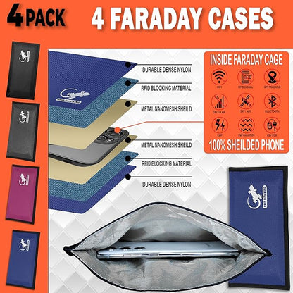 4 Faraday Bag Anti-Tracking GPS RFID Car Key Signal Blocker Wallet Shielding Pouch Protective Case for Cell Phone Car Key FOB, Data Privacy, Electronic Device Security (4 PACK - FAMILY PACK)
