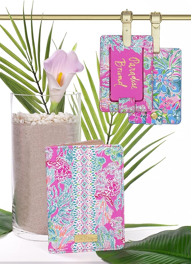 Lilly Pulitzer Leatherette Luggage Tag with Secure Strap, Colorful Suitcase Identifier for Travel