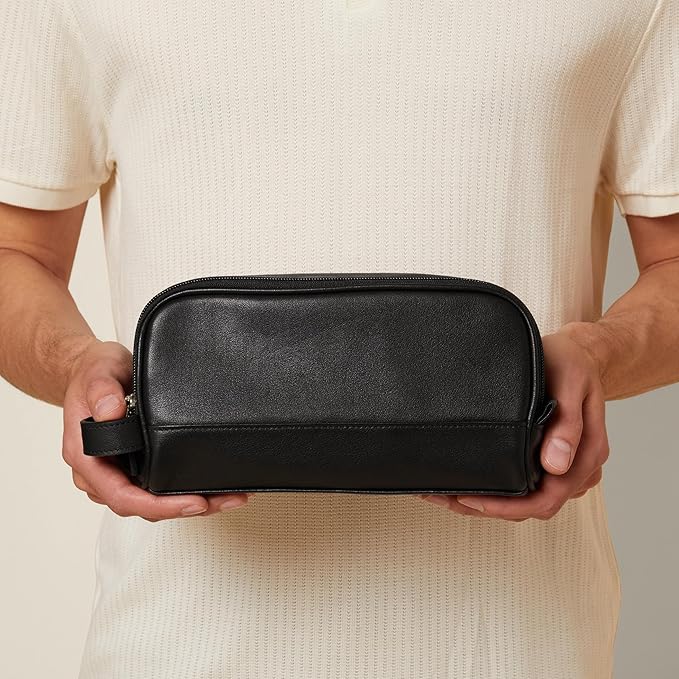 Leatherology Black Onyx Leather Toiletry Bag – Small Double Zip Dopp Kit – Full Grain Leather Travel Organizer with Water-Resistant Lining – Compact Grooming Bag for Men or Women