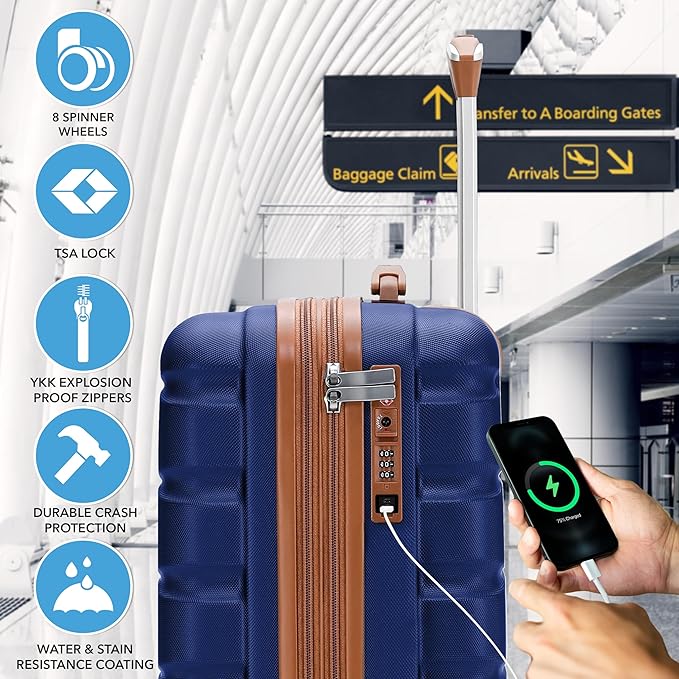Flight Knight 21.5x15.5x9" Expandable Carry On Suitcase Hardside TSA Lock & USB C Port Lightweight Luggage Silent Double Spinner Wheels Maximum Canada Air Overhead Carry-On Bag Many Airlines Approved