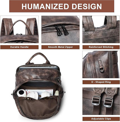 Leather Backpack for Women, Fits 15.6 Inch Laptop, Soft Vegan Leather Backpack for Travel and Daily Use, Coffee