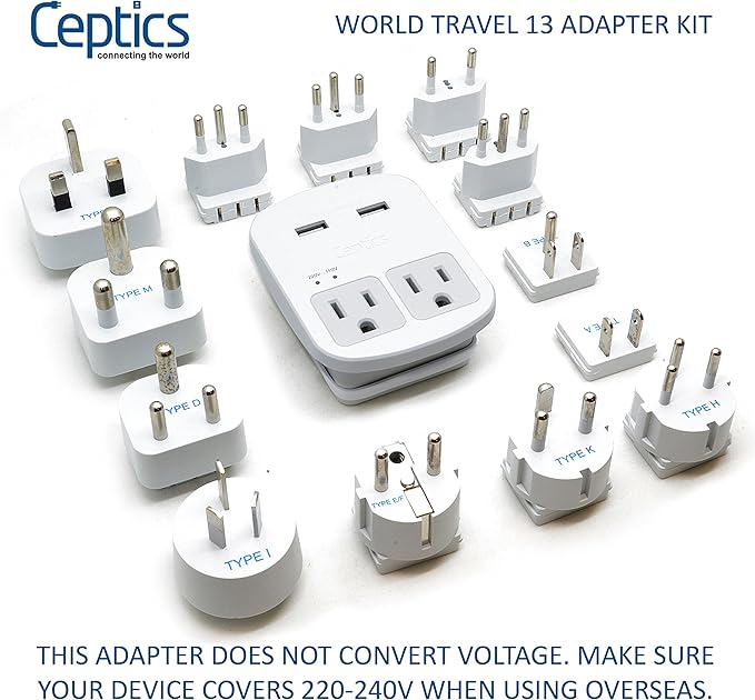 Ceptics International Plug Adapter Kit, World Safest Grounded 13 Adaptor Set Dual USB Ports - Travel Anywhere - Business Use - Perfect for Laptops, Cell Phones, Chargers - Surge Protection