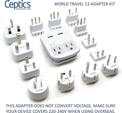 Ceptics International Plug Adapter Kit, World Safest Grounded 13 Adaptor Set Dual USB Ports - Travel Anywhere - Business Use - Perfect for Laptops, Cell Phones, Chargers - Surge Protection