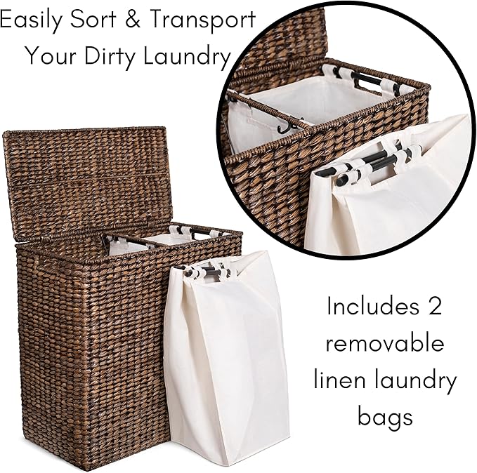 BIRDROCK HOME Oversized Dual Hampers with Lid - Handwoven Natural Seagrass Fiber Compartment Laundry Hamper w/Dual Removable Liners Bag - Split/Two Side Basket for Dirty Laundry, Clothes - Brown Wash