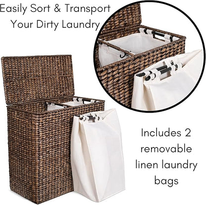 BIRDROCK HOME Oversized Dual Hampers with Lid - Handwoven Natural Seagrass Fiber Compartment Laundry Hamper w/Dual Removable Liners Bag - Split/Two Side Basket for Dirty Laundry, Clothes - Brown Wash
