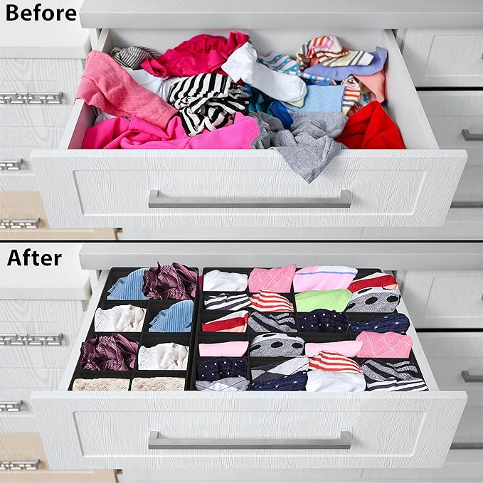 Simple Houseware 4-Pack Drawer Organizer Set - Closet Dividers for Underwear, Socks, Bras, Scarves, Ties - Foldable Non-Woven Storage Boxes, Black