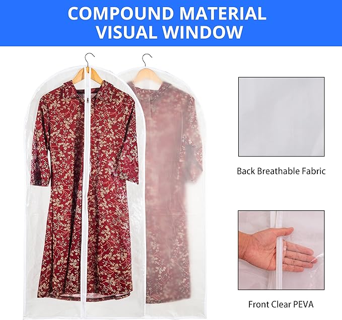 Clear Garment Bags for Long Gowns, Vinyl Dress Storage Bags, Zippered Plastic Protector for Dresses, 24"x60", 12 Pack