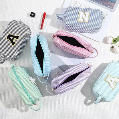 YOOLIFE Initial Cosmetic Bag for Women - Monogram Cute Blue Makeup Bags Toiletry Pouch Make Up Case for Women Her Best Friend Friendship Sister Teacher, Personalized Birthday Gifts for Women P