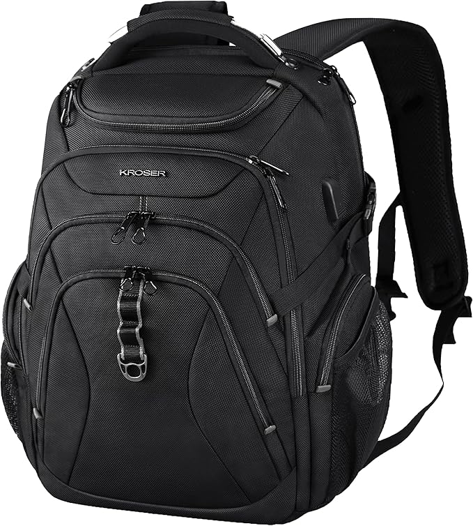 KROSER Travel Laptop Backpack 18.4 Inch XXXL Gaming Backpack with Hard Shell Saferoom RFID Pockets Water-Repellent Business College Daypack Stylish Laptop Bag for Men/Women-Black