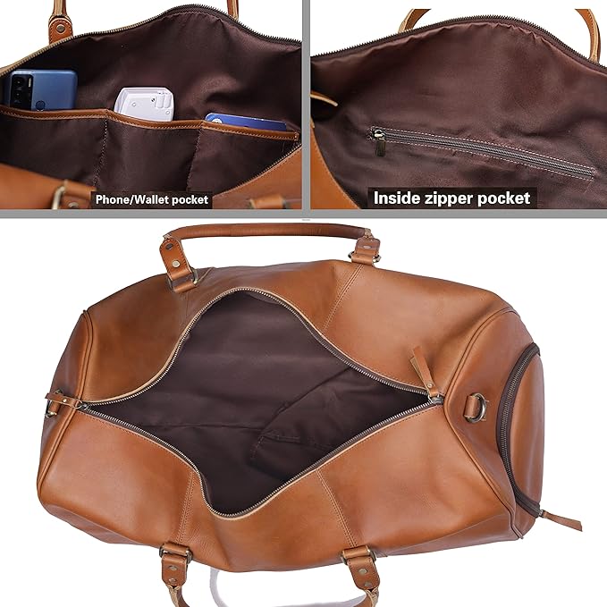 Leather Travel Bag,Weekender Overnight Bag Leather Large Carry On Bag Travel Tote Duffel Bag for Men & Women (Tan Brown)