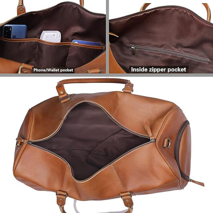 Leather Travel Bag,Weekender Overnight Bag Leather Large Carry On Bag Travel Tote Duffel Bag for Men & Women (Tan Brown)