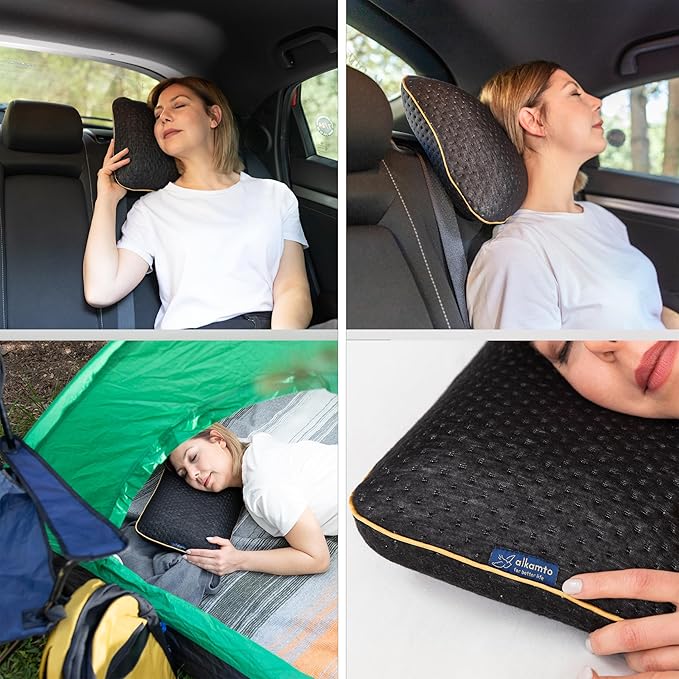 alkamto Travel & Camping Comfortable Memory Foam Pillow – Easy to Carry Portable Bag – Temperature Regulating Pillow Case (Black)