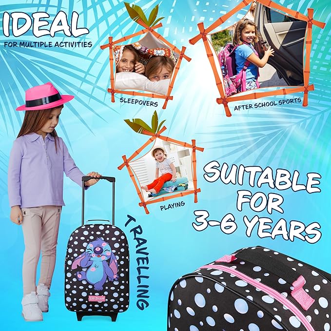 Disney Kids Rolling Luggage 16×11 in, 16‑L Carry‑On Suitcase with Wheels, Foldable Lightweight Travel Bag, Gifts for Kids(Black Stitch)