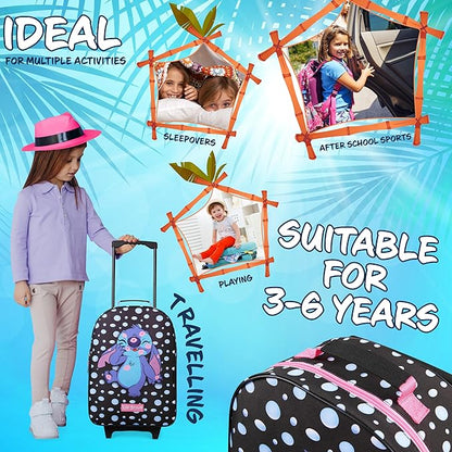 Disney Kids Rolling Luggage 16×11 in, 16‑L Carry‑On Suitcase with Wheels, Foldable Lightweight Travel Bag, Gifts for Kids(Black Stitch)