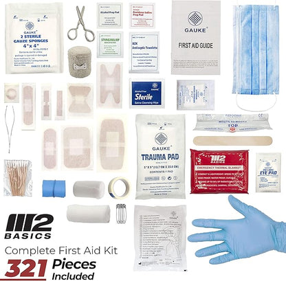 M2 BASICS Premium 321-Piece Emergency First Aid Kit for Home, Car, Business, Office & Travel – Portable Durable Hard Case, Medical Supplies for School, Camping & Outdoors