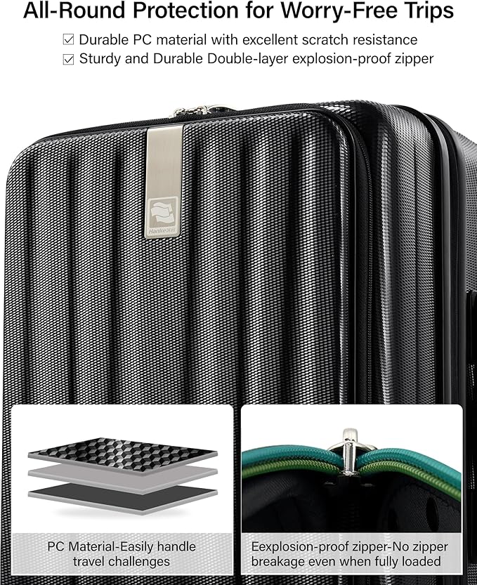 Hanke 24 Inch Expandable Luggage Top Opening Checked Bag Luggage Hard Shell Suitcases with Wheels Lightweight Travel Luggage Medium Suitcase with Lock for Woman Men-Jet Black