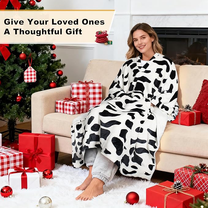 Catalonia Cow Print Sherpa Wearable Blanket Poncho for Adult Women Men, Wrap Blanket Cape with Pocket, Warm, Soft, Cozy, Snuggly, Comfort Gift