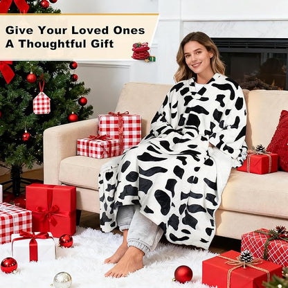 Catalonia Cow Print Sherpa Wearable Blanket Poncho for Adult Women Men, Wrap Blanket Cape with Pocket, Warm, Soft, Cozy, Snuggly, Comfort Gift