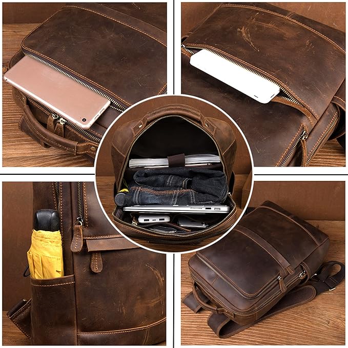 Vintage Genuine Leather 15.6 Inch Laptop Backpack, Hiking Travel Bag Anti Theft Camping Daypack