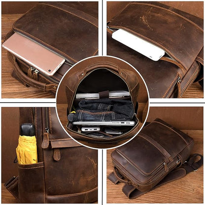Vintage Genuine Leather 15.6 Inch Laptop Backpack, Hiking Travel Bag Anti Theft Camping Daypack