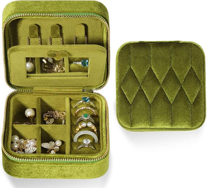 Velvet Jewelry Box – Travel Jewelry Case Organizer with Mirror, Adjustable Compartments for Women | Luxury Storage Case & Gift for Her - MossGreen