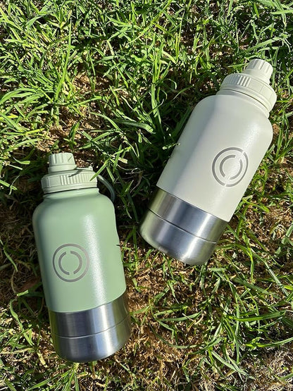 OSC Insulated Water Bottle with Detachable Travel Bowls for Pets & Humans - Leak-Proof 32oz Water Bottle for Dog Walking, Hiking, Camping, Gym & Outdoor Adventures (Vanilla, 32oz)