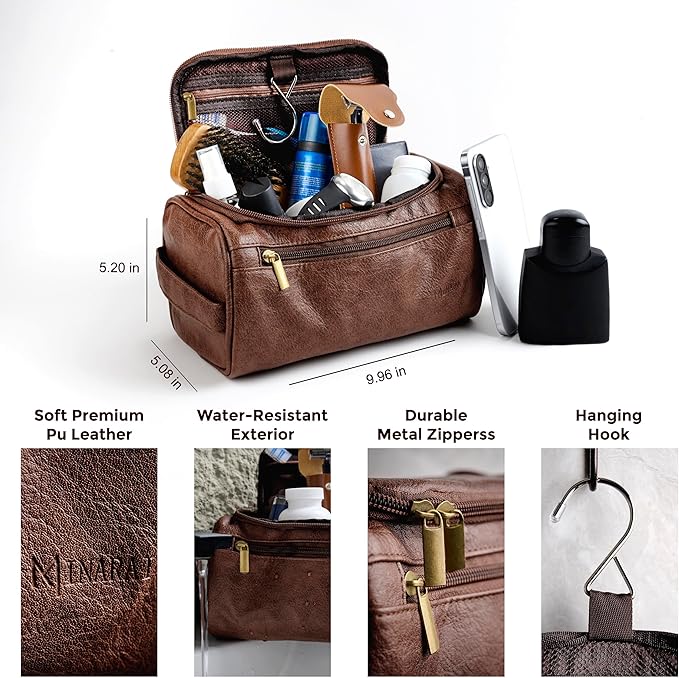 MINARAI-Mens Toiletry Bag with Razor Case–Premium Leather-Look Hygiene Bag for men with Wide-Open Access,Hanging Design,and Strong Structure–Built for Travel, Gym, and Everyday Organization–DARK BROWN