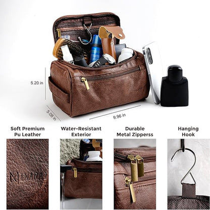MINARAI-Mens Toiletry Bag with Razor Case–Premium Leather-Look Hygiene Bag for men with Wide-Open Access,Hanging Design,and Strong Structure–Built for Travel, Gym, and Everyday Organization–DARK BROWN