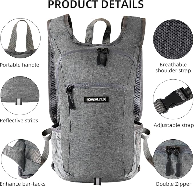 Small Hiking Backpack with Detachable Front Phone Holder, Foldable Packable Back pack with Chest and Waist Strap, Lightweight Daypack for Women Men (Gray, 15L)