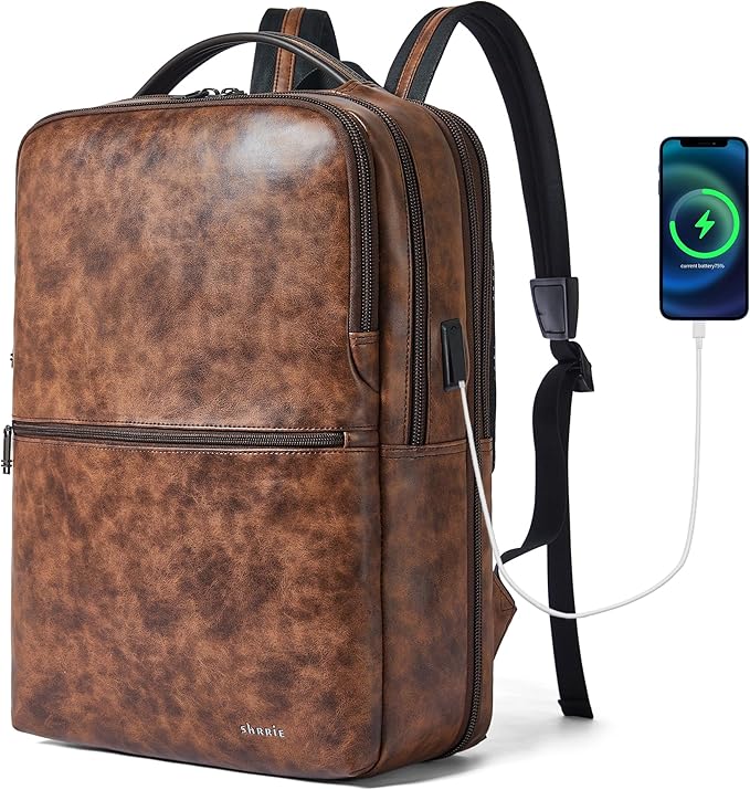 Shrrie Vegan Leather Laptop Backpack for Women&Men,16 Inch Expandable Backpack with USB Charging Port,Two-toned Brown