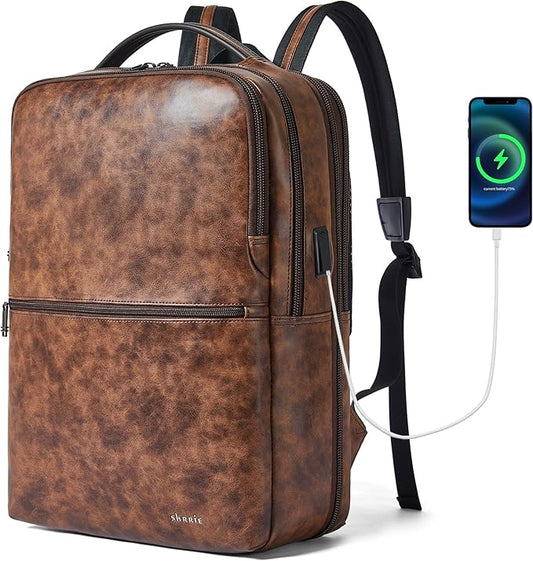 Shrrie Vegan Leather Laptop Backpack for Women&Men,16 Inch Expandable Backpack with USB Charging Port,Two-toned Brown
