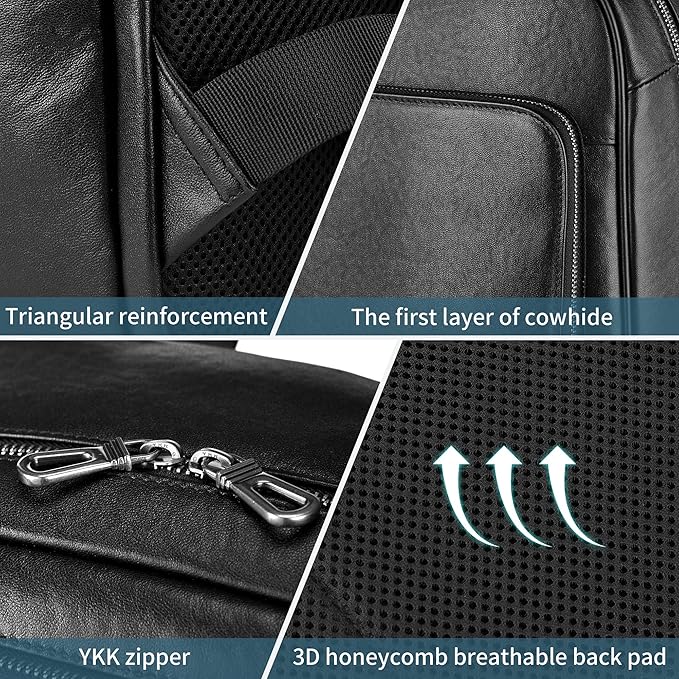 Men's Large Black Leather Backpack, 17.3 Inch Genuine Leather Laptop Backpack for Men, Minimalist & Luxury Executive Computer Backpack for Work Travel