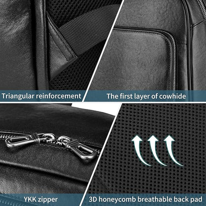 Men's Large Black Leather Backpack, 17.3 Inch Genuine Leather Laptop Backpack for Men, Minimalist & Luxury Executive Computer Backpack for Work Travel
