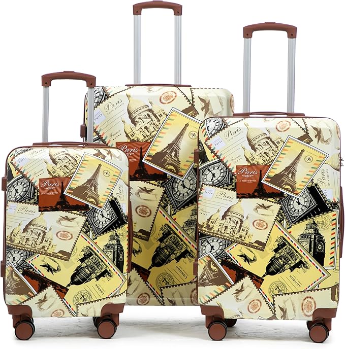 Campfun Luggage Sets 3 Piece, Hardside PC Suitcase Sets with Double Spinner Wheels, Durable Printed Pattern Carry On Luggage with TSA Lock, 20/24/28 inch(City Stamps)