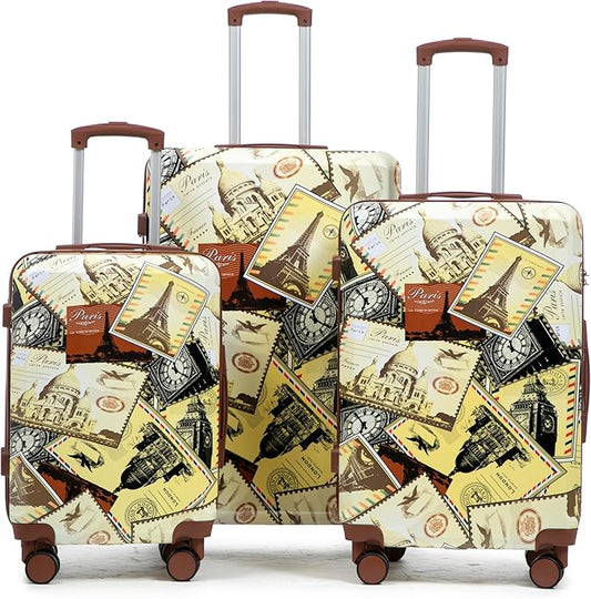 Campfun Luggage Sets 3 Piece, Hardside PC Suitcase Sets with Double Spinner Wheels, Durable Printed Pattern Carry On Luggage with TSA Lock, 20/24/28 inch(City Stamps)