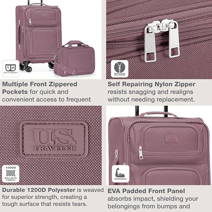 U.S. Traveler Rio Lightweight Softside Rolling Carry-on Suitcase, 4-Wheel Set, Mauve