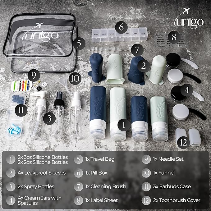 unigo 30pack Full Set TSA Approved Travel Bottles, Travel Size Containers for Toiletries, Refillable Leakproof Travel Shampoo and Conditioner Bottles,Toiletry Containers, Extra Sleeves (White,Black)