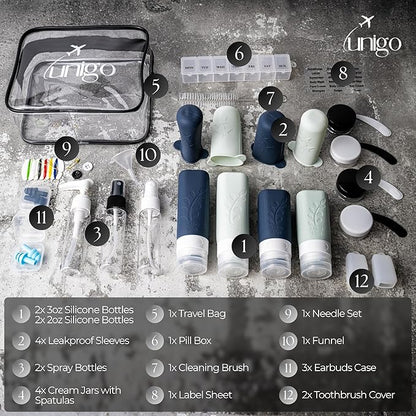 unigo 30pack Full Set TSA Approved Travel Bottles, Travel Size Containers for Toiletries, Refillable Leakproof Travel Shampoo and Conditioner Bottles,Toiletry Containers, Extra Sleeves (White,Black)