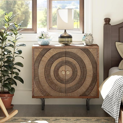 Farmhouse 2-Door Storage Cabinet, Accent Wooden Storage Cabinet with Circle Pattern and Radioactive Wood Lines, for Living Room, Dining Room, Bedroom, Natural Wood Color