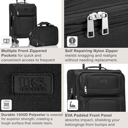 U.S. Traveler Rio Lightweight Softside Rolling Carry-on Suitcase, 4-Wheel Single, Black