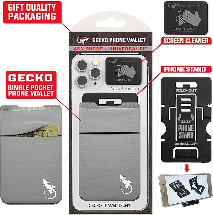 Gecko Travel Tech Double Pocket - Adhesive Card Holder - Cell Phone Pouch - Stick on Spandex Pocket - Carry Credit Cards and Cash - Gray-White