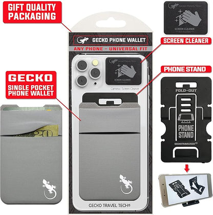 Gecko Travel Tech Double Pocket - Adhesive Card Holder - Cell Phone Pouch - Stick on Spandex Pocket - Carry Credit Cards and Cash - Gray-White