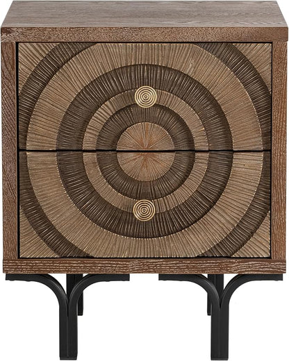 Farmhouse 2-Drawer Nightstand, Accent Wooden Nightstand with Circle Pattern and Radioactive Wood Lines, for Bedroom, Natural Wood Color