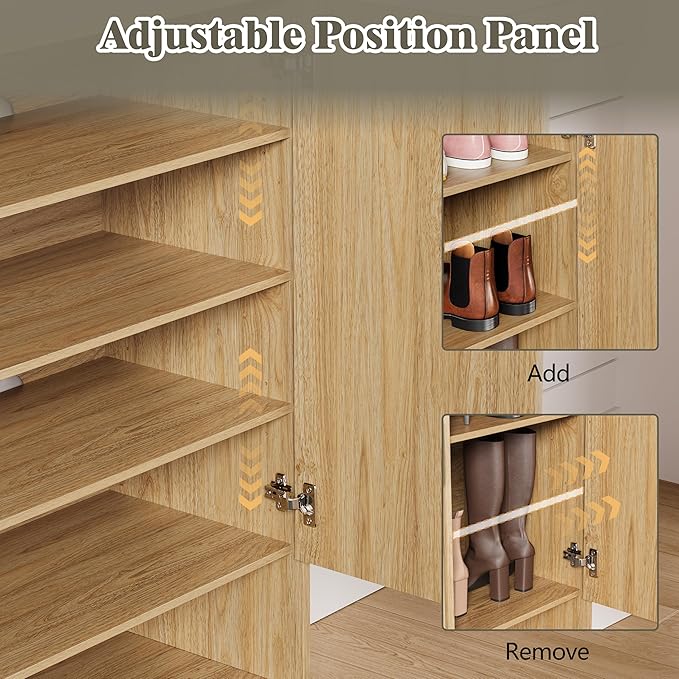 Shoe Cabinet Storage for Entryway with Doors, 5 Tier Fluted Shoe Organizer with Adjustable Shelves, Entryway Shoe Storage with Wooden Legs, Freestanding Hidden Shoe Rack for Front Door Entrance, Oak