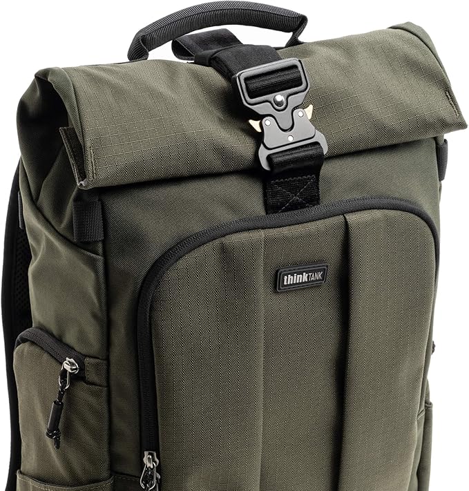 Think Tank FocusPoint 30L RollTop Camera Backpack - Greenway: Expandable Travel & Camera Backpack with Laptop Sleeve, Quick Side and Back Access, Rain Cover – Versatile Photography & Travel Bag