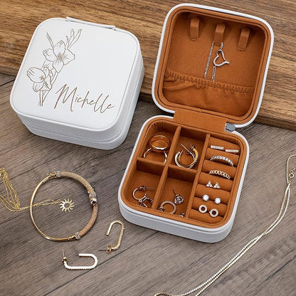 Custom Leather Jewelry Box w/Name & Birth Flower Month - Birthday Gifts for Women, Personalized Jewelry Travel Case - Customized Jewelry Organizer Box, Mom Birthday Gifts - Chestnut