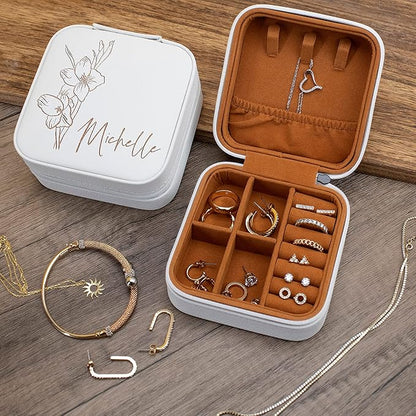 Custom Leather Jewelry Box w/Name & Birth Flower Month - Birthday Gifts for Women, Personalized Jewelry Travel Case - Customized Jewelry Organizer Box, Mom Birthday Gifts - Gray