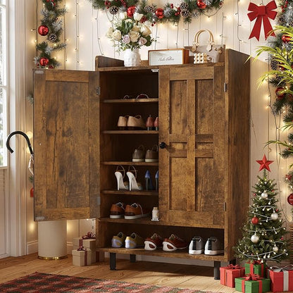Entrance Shoe Cabinet with Doors,6-Tier Farmhouse Shoe Storage Organizer with Adjustable Shelves Holds 18-24 Pairs and Metal Legs, Entry Organizer Entryway, Living Room (Rustic Brwon)
